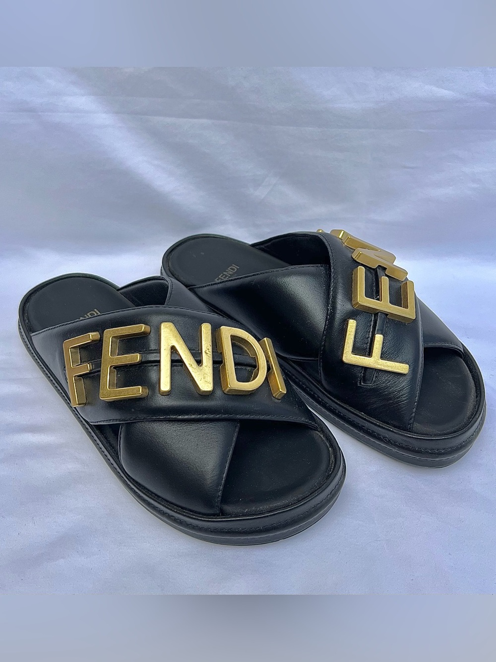 Fendi Fendigraphy Criss Cross Mules Slide Flat Sandals Black Gold Women’s Size 8